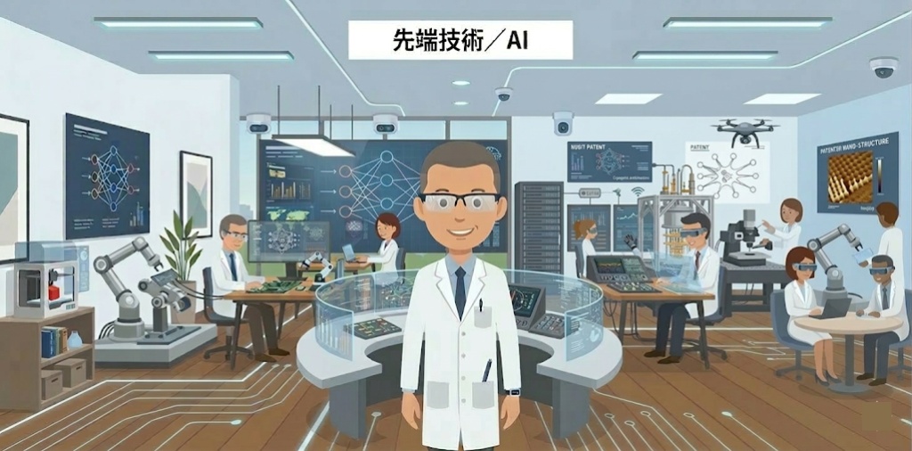 先端技術とAIへの精通を表す研究ラボのイラスト