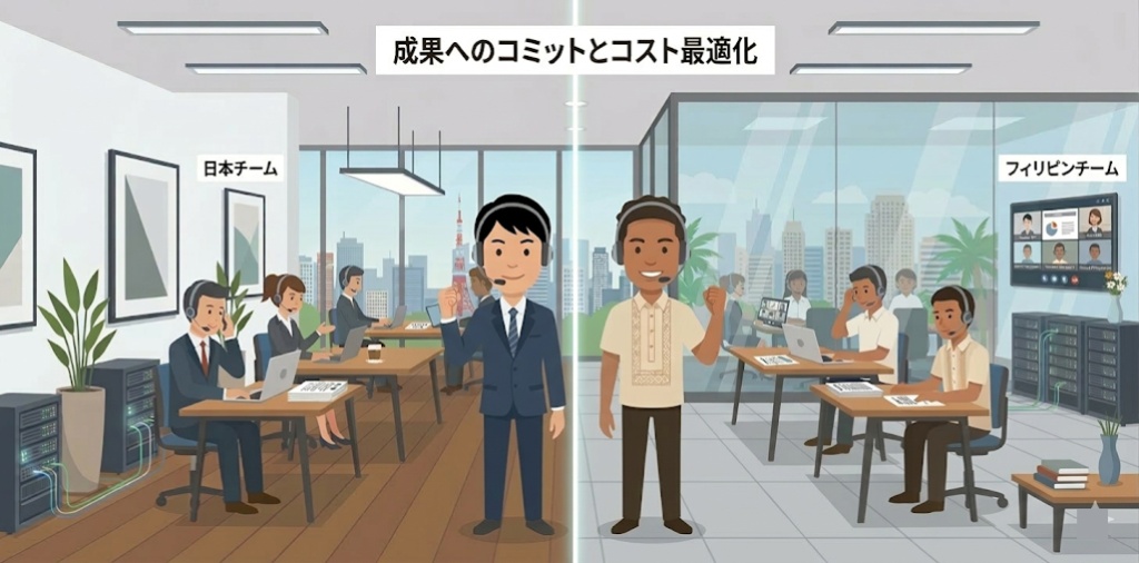 日本チームとフィリピンチームが連携してプロジェクトを進めるイラスト