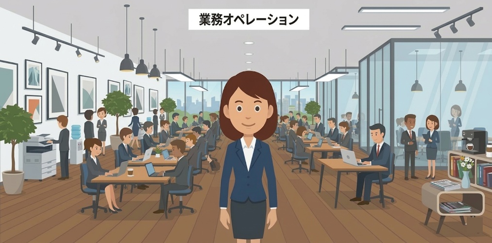業務オペレーション改革と基幹システム構築を表すオフィスシーンのイラスト