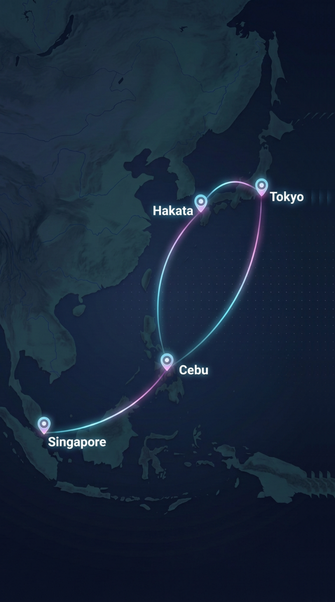 Asia Network Map (Tokyo, Hakata, Cebu, Singapore)